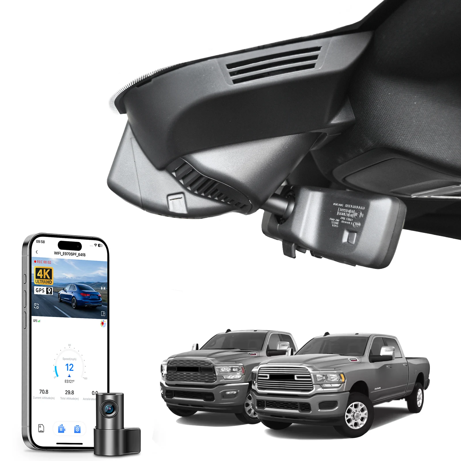Mangoal Dash Cam 4K For Dodge RAM Gen 5th 1500 2500 3500 Car Camera Recorder 2019-2026 (Model D/ E/ F /G) GPS WiFi & APP