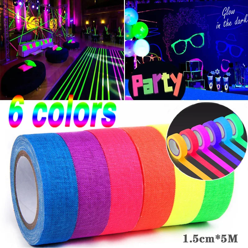 

5Meter 6 Colors Neon Gaffer Cloth Tape Fluorescent Rainbow Color Party Non-Reflective Glow in The Dark Tape Under UV Black Light