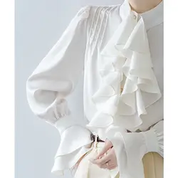 Camisa de manga larga con volantes para mujer, Tops de estilo aristocrático con cuello alto y una hilera de botones, Manga Pagoda, primavera de 2024