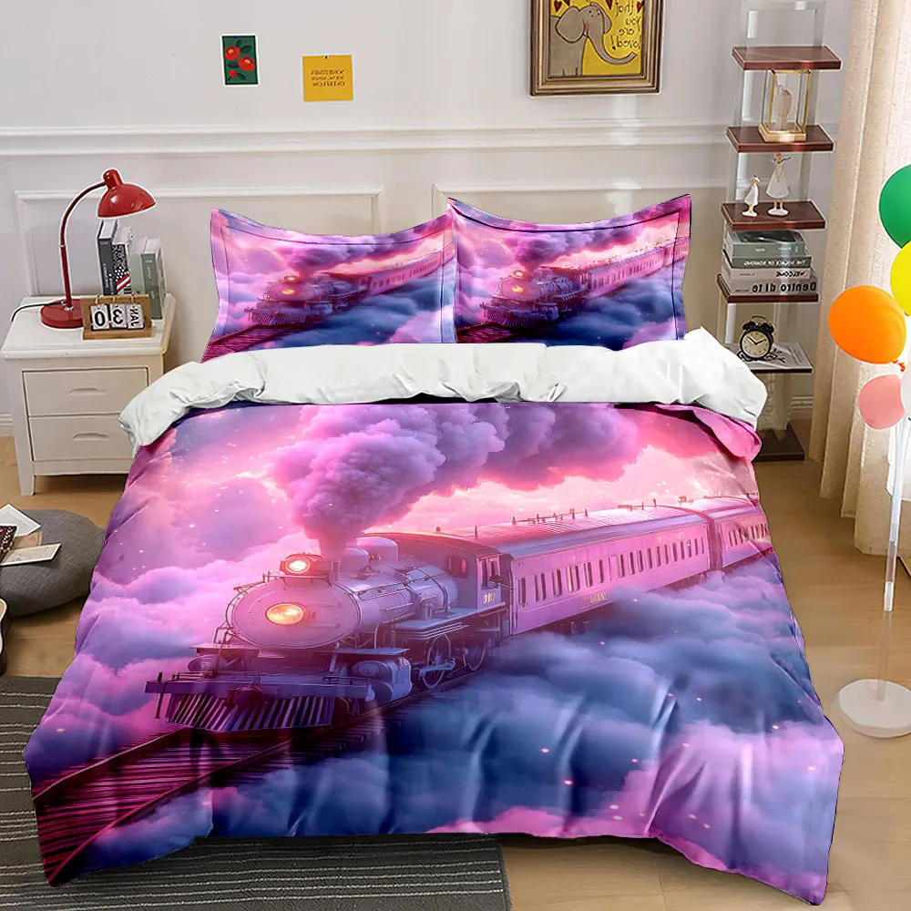 Dreamy Train Decor Set Bedding Set with 1 Duvet Cover 2 Pillowcases Single Double King Queen, Gift