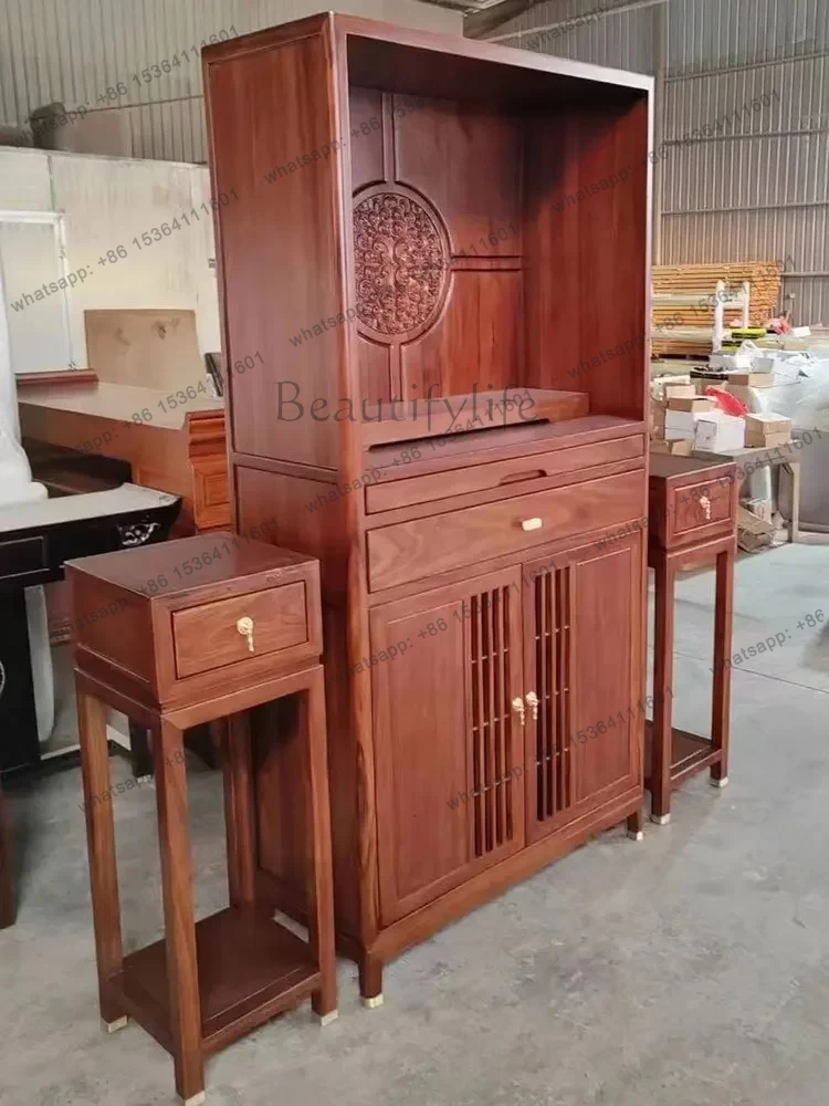 yj7 Nuovo cinese Noce Ugyen Legno Buddha Nicchia Legno massello Buddha Cabinet Soggiorno Dio della ricchezza Culto Tavolo di inc