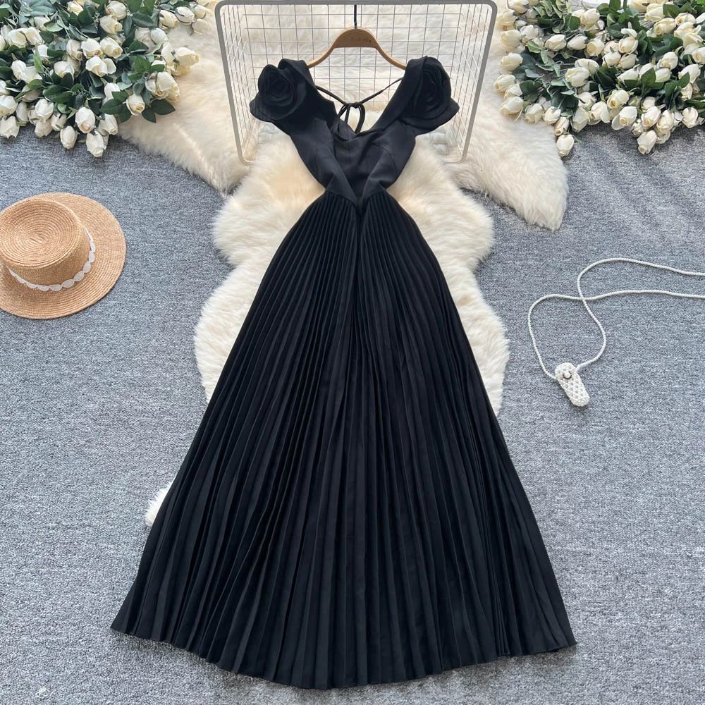 Schickes Vintage-Kleid mit V-Ausschnitt und Blumenmuster, gerüscht, aushöhlen, schlank, elegante Fee, koreanische Mode, Boho-Sommerkleid, Damenbekleidung, langes Kleid