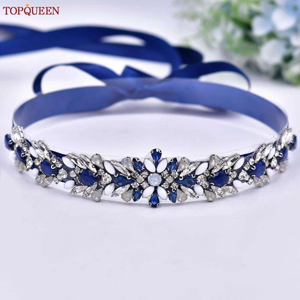 TOPQUEEN S476-ML 웨딩 드레스 신부 벨트, 다이아몬드 아플리케 블루 이브닝 가운, 허리 장식 신부 들러리 벨트