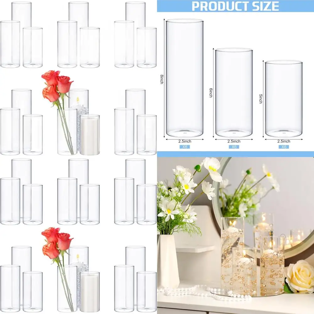 

Set of 18 Clear Glass Cylinder Vases, 2.5 Diameter, for Flowers, Candles, and Table Centerpieces (5, 6, 8 Heights)