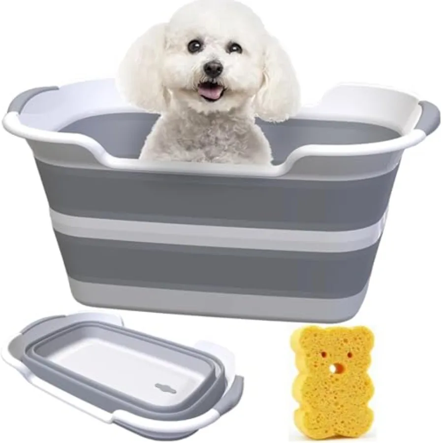 

Portable Collapsible Dog Bathtub with Brush Drainage Hole 7.1 Gal/27L Foldable Small Pets Bathing Tub for Puppy Cat Grey