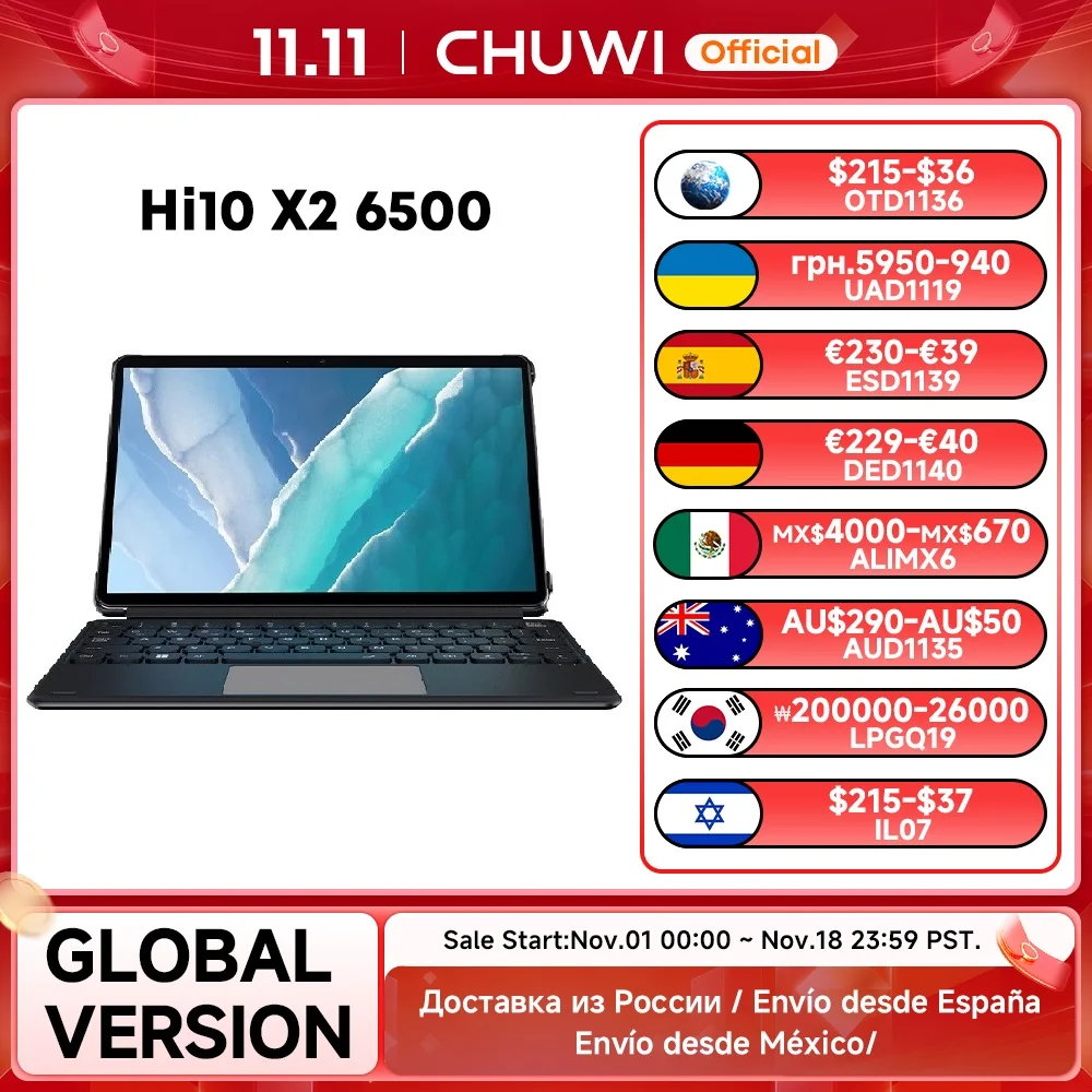 CHUWI Hi10 X2 2-in-1 태블릿, 10.1인치 디스플레이, Intel 6500Y/i3-10100Y 프로세서, LPDDR3 8GB RAM, 256GB SSD, Windows 11 탑재