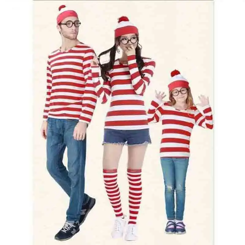 Camisa a Rayas de Waldo Disfraz de Wally para Niños Gafas Sombrero y Calcetines Disfraz de Cosplay Unisex para Adultos Carnaval