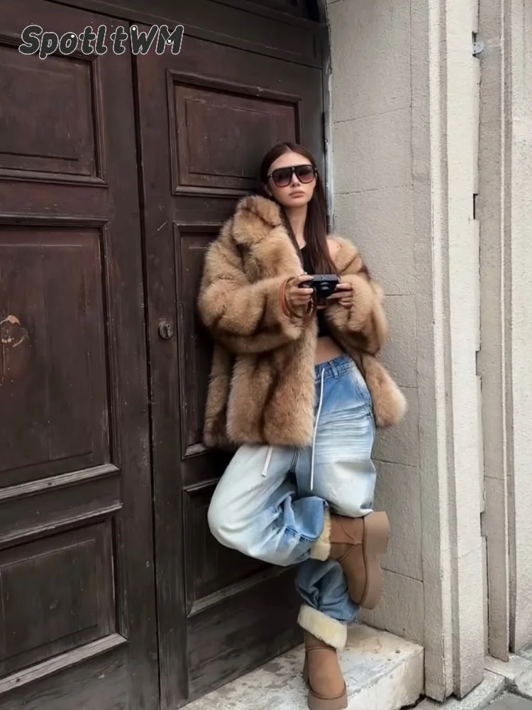 Women Brown Faux Fox Fur Jacket Chic Oversized Open Front Loose Big Notched Lapel Thick Streetwear Warm Vintage Winter Coats