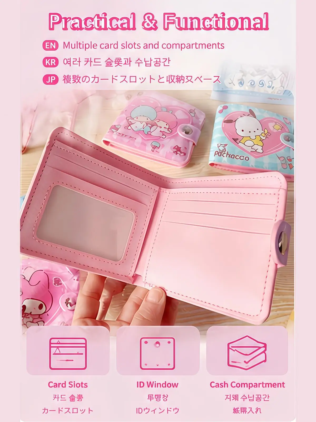 Sanrio Wallet PU Leather Girls Card Holder With Hasp Kuromi Cinnamoroll My Melody Coin Purse Kids Money Bag Student Gift - view 5