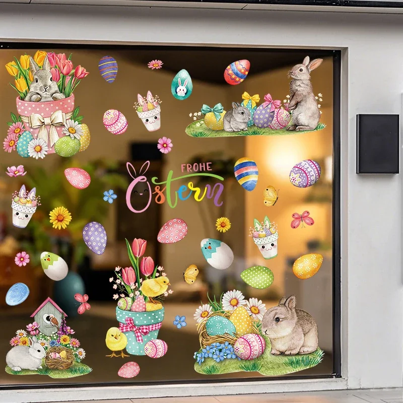 Easter Window Stickers Spring Flowers Living Room Window Glass Static Stickers Bunny Easter Decoration 2025 Resurrection Day