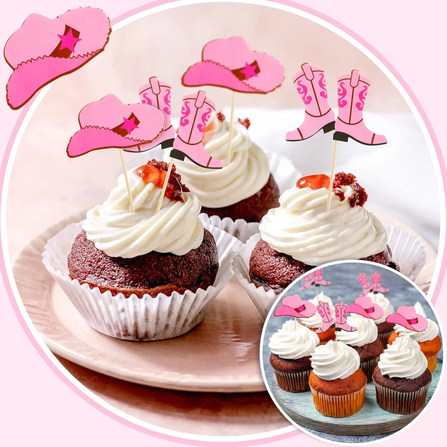 24 Stück Cupcake-Topper mit Cowboyhut und Stiefeln, Western-Geburtstagskuchen-Dekorationen, Partyzubehör für die Babyparty, Cowgirl-Themenveranstaltung – Detail 2