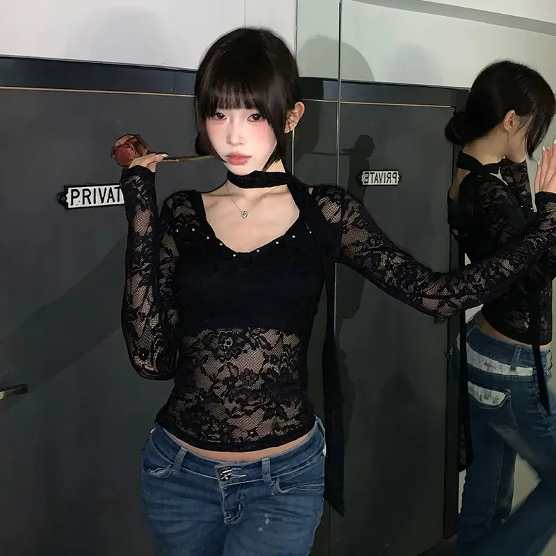 Genayooa Harajuku Lace T Shirt Women Hollow Out Lace Up Crop Tops Y2k Vintage Fairycore Tee Tops See Through Tshirts Streetwear