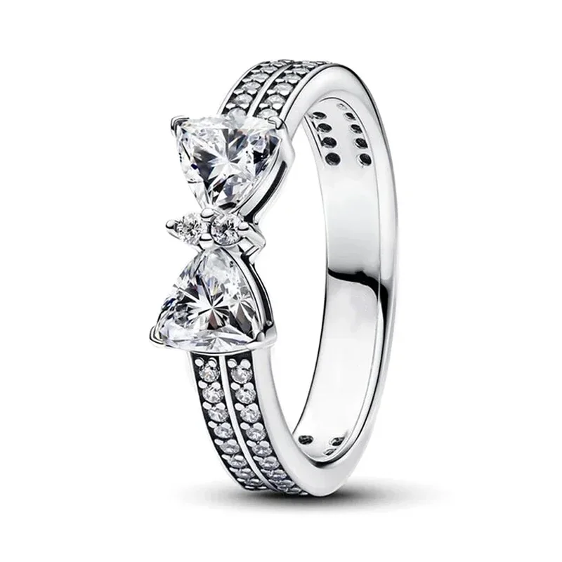 Original 925 Sterling Silver Red Pink Ring Heart Bow Sun Moon Colorful Crystal For Women Valentine\'s Birthday Gift DIY Jewelry