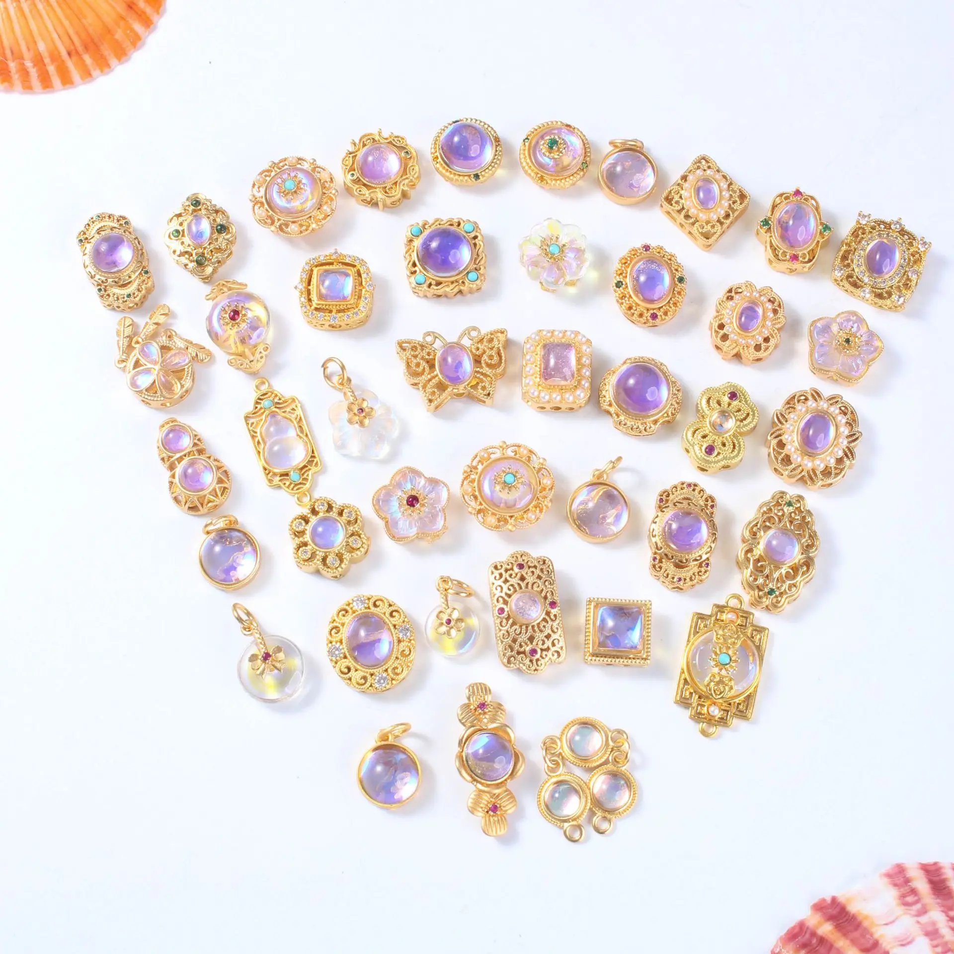 10pcs Copper Gold-plated Inlaid with Moonstone Beads DIY Handmade Pearl Bracelet Necklace Jewelry Making Accessories Wholesale