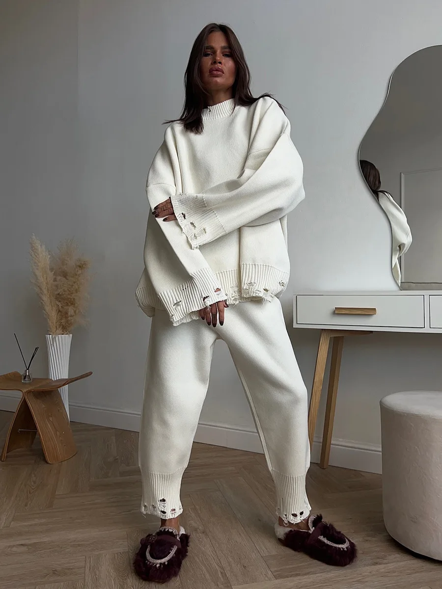 

Вязаный женский свитер оверсайз, комплект с широкими штанинами и высокой талией, женские брюки 2026, модный весенний женский трикотажный костюм с круглым вырезом