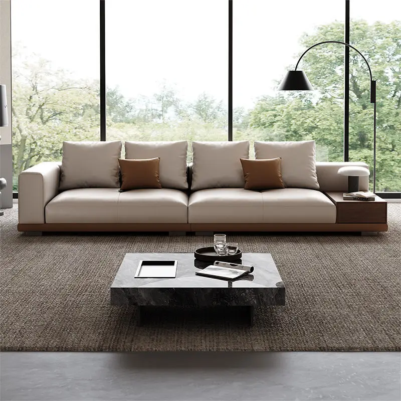 Italian minimalist straight leather sofa is a simple light luxury living room sofa and a large flat sofa