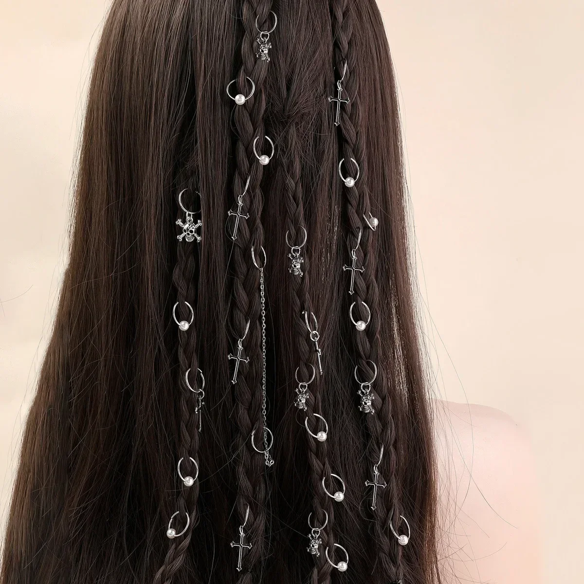 

15 шт., смешанные серебряные подвески, коса для волос, дреды, череп, крест, жемчуг, кольца для волос, острый стиль для законодателей трендов, инструменты для укладки своими руками