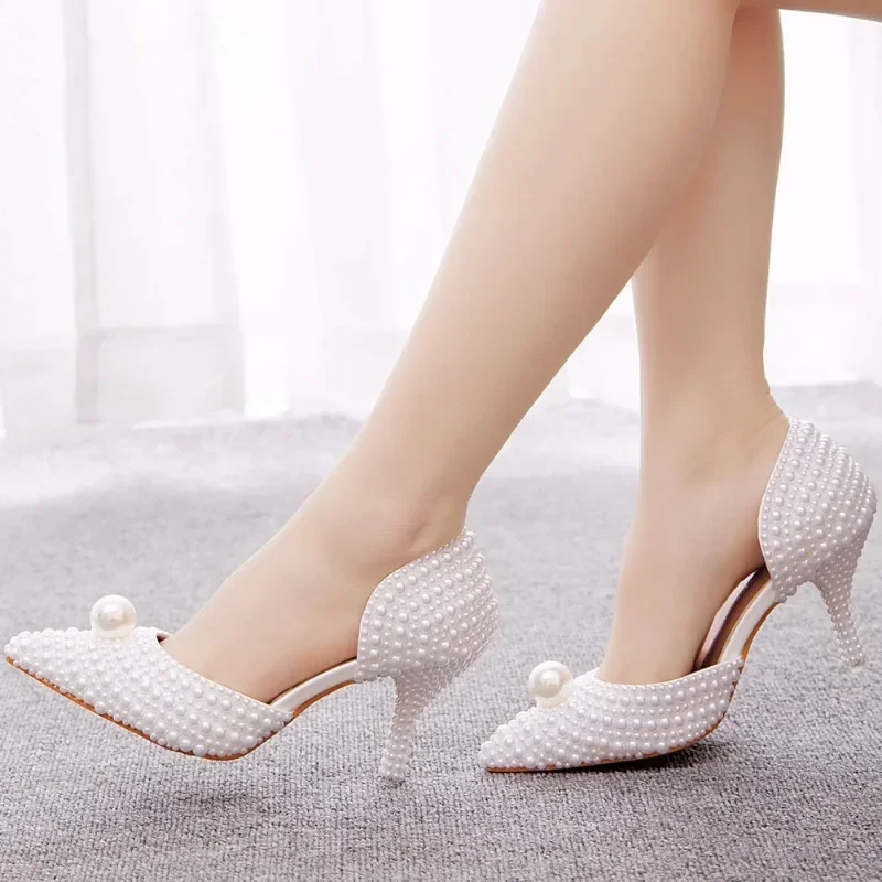 Woman Pumps High Heels Sandals String Bead Slip On PU 7CM Thin Heels Fashion Women Women Dress Sandals Shoes White Stiletto