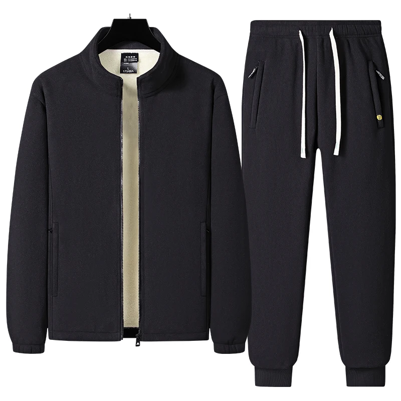 Thickened fleece fleece lamb wool jacket, top and pants two-piece set, Arctic fleece men's stand collar warm casual pants, men's