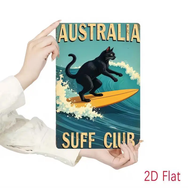 Australia Suff Club Vintage Metal Tin Sign - Retro Black Cat Surfing Design, Iron Wall Art for Beach Home Bar Decor