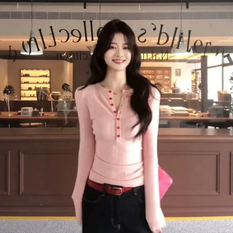Sweet Y2k Hot Girl Semi-Open Neckline Pink Long Sleeve T-Shirt Autumn Spring Design Slim Fit Layering Top Women Clothes Tops