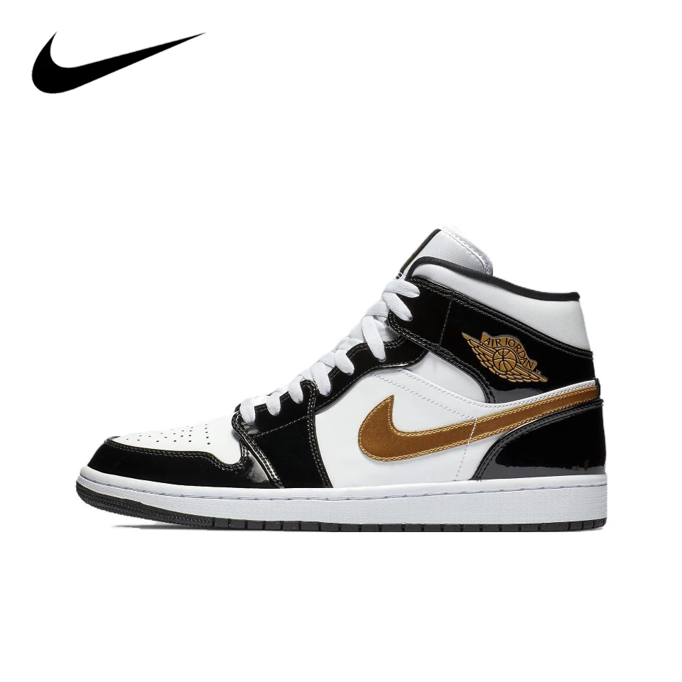 

Original Air Jordan 1 Mid "Patent Black Gold" For and Men's Unisex Trend Retro Mid-Top Retro Classic Basketball Shoes 852542-007