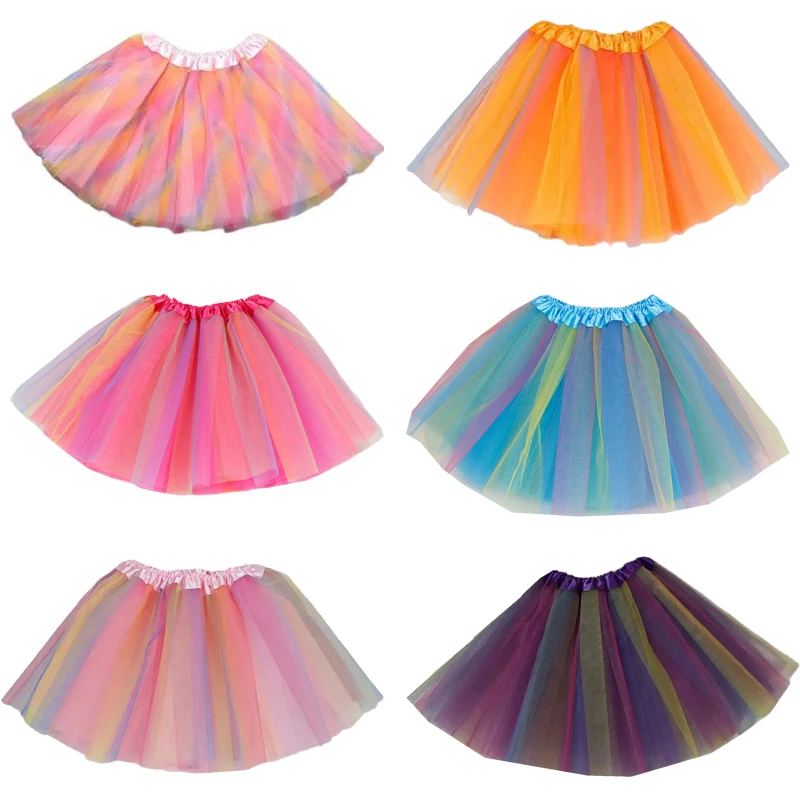 

40cm Length Girls Rainbow Tutu Skirt Child Dance Party Ballet Tulle Tutu Skirt 3 Layers Princess Birthday Party Gift