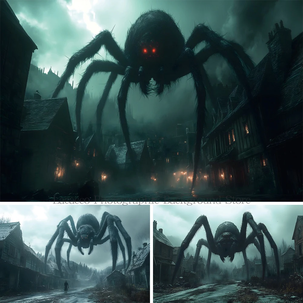 Giant Spider Photography Background Happy Halloween Monster Mist Village Horror Thriller Party Backdrop Photo Booth Supplies