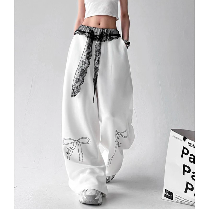 Kant Jazzdans Sportbroek Vrouwen Patchwork Losse Luie Casual Broek Amerikaanse Mode Boog Print Hiphop Wijde Pijpen Broek