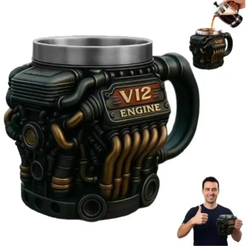 Personalized Mechanical Engine Resin Mug with 304 Stainless Steel Inner Liner Coffee Water Cup Punk Style for Men Hot Sell