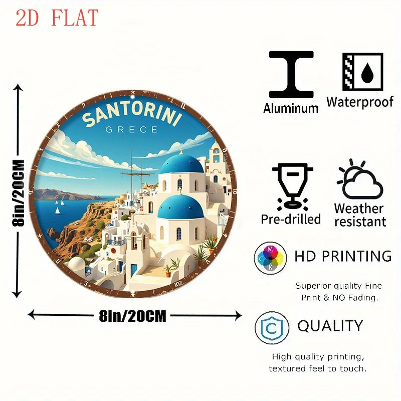 2D Flat, 2D Flat Design, 1pc Santorini Greek Wall Decor – Blue Dome and Aegean Sea Round Metal Wall Hanging with Hook, Suitable