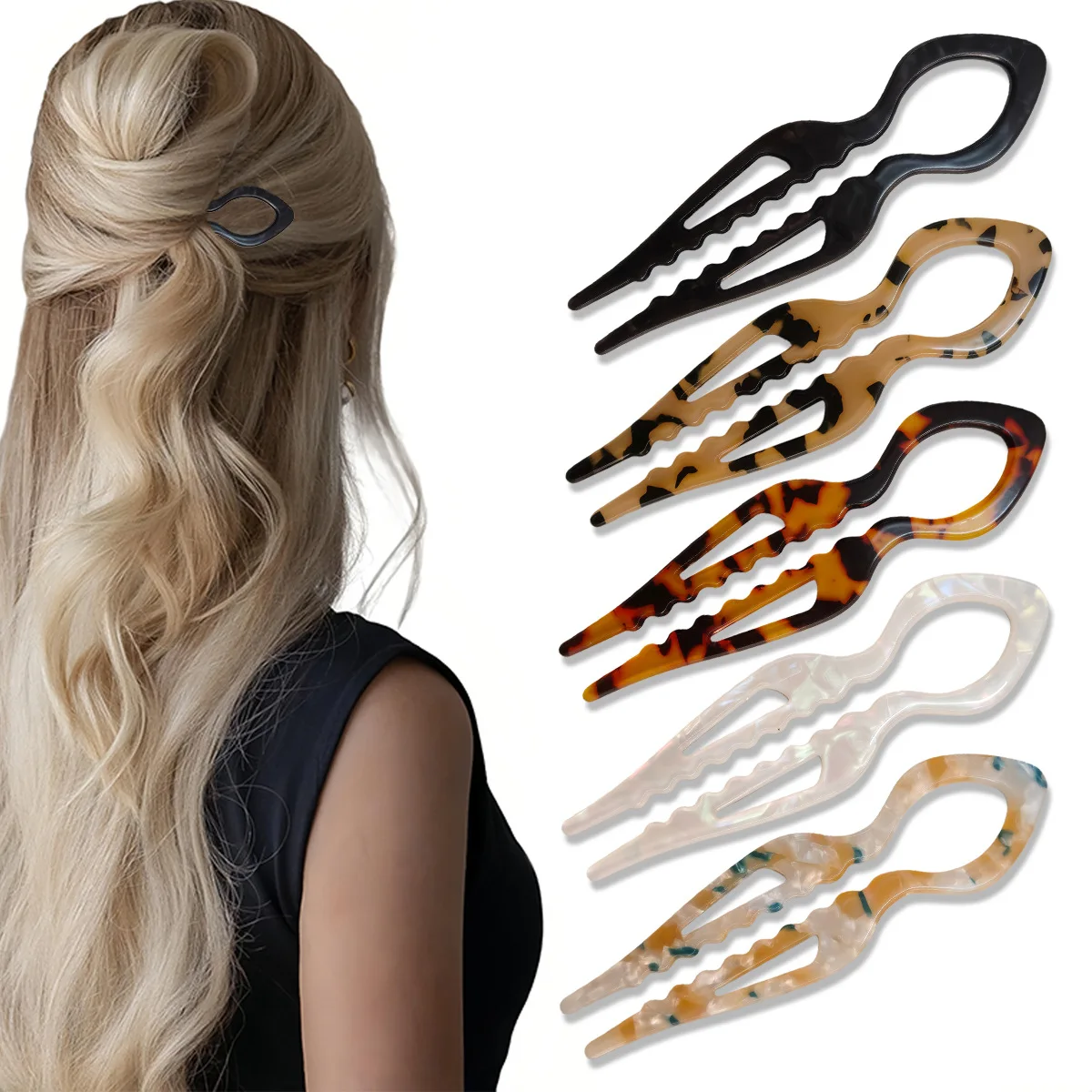 U-Shaped Hair Sticks Tortoiseshell Acrylic Anti-Slip Hairpin for Women Hair Stick Bun Comb Acetate Hair Clips Hair Accessories