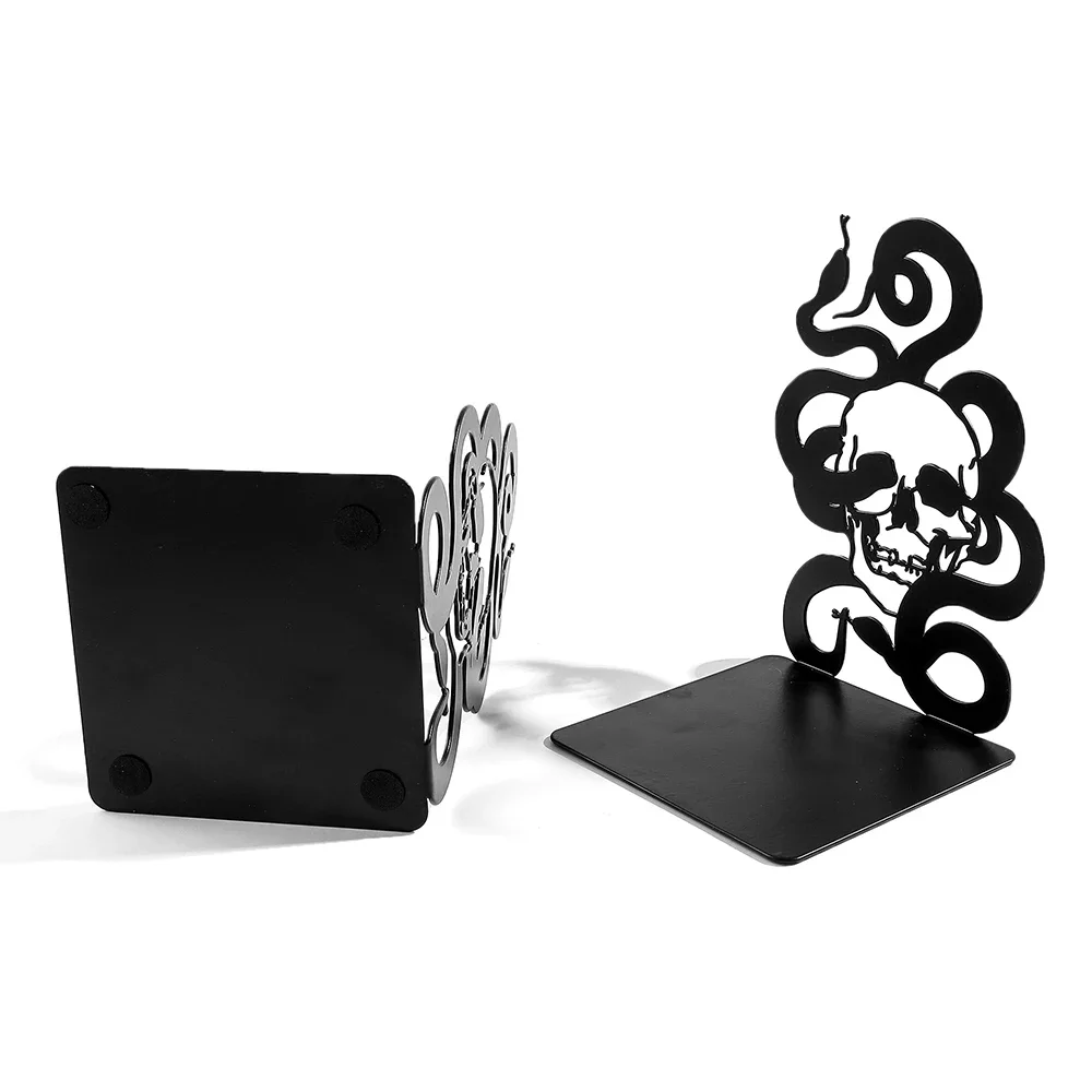 2Pcs/1Set Punk Skull Skeleton Snake Bookends Hollow Metal Desktop Retractable Book Holder Decoration Book Rests Book Support