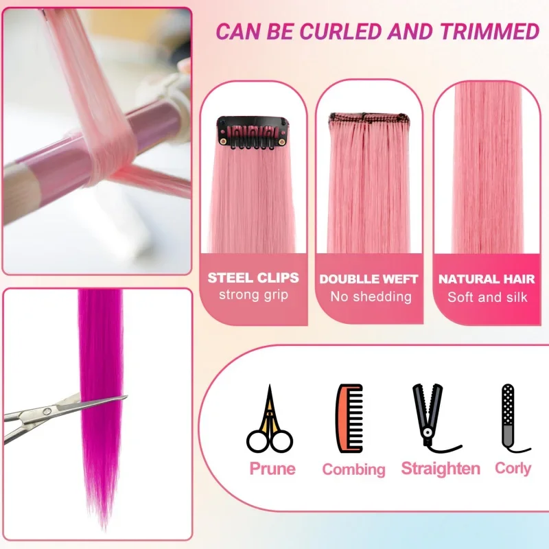 1 5 11 Pcs/lot Clip in Hair Extensions Multi-Colors Highlights Synthetic Hair 22 inch Rainbow Hairpieces for Girls Women Kids