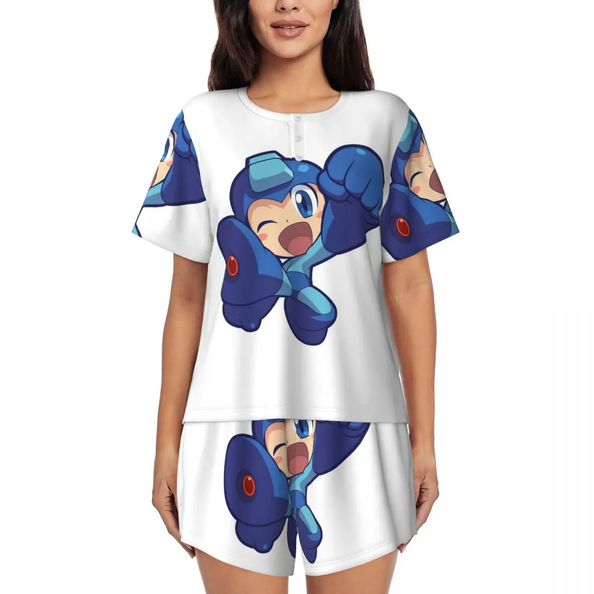 

Megaman Video Game Mega Man Round Neck Short Sleeve Nightgowns for Sleeping Sleepshirts Women Loose Pajama Set Short Pants