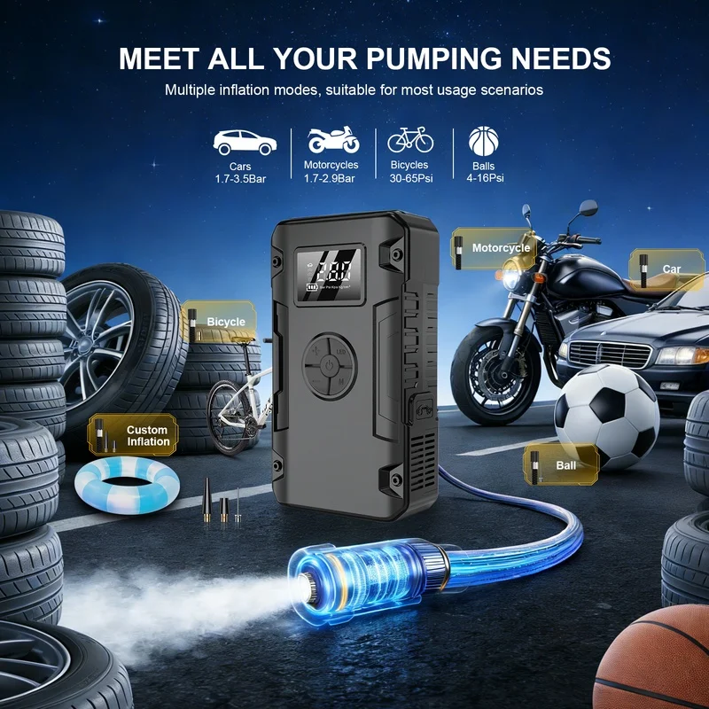 TTT+ 4-in-1 Car Jump Starter Air Pump 150PSI Tire Inflator 8000mAh Power Bank LED Emergency Light Auto Emergency Kit