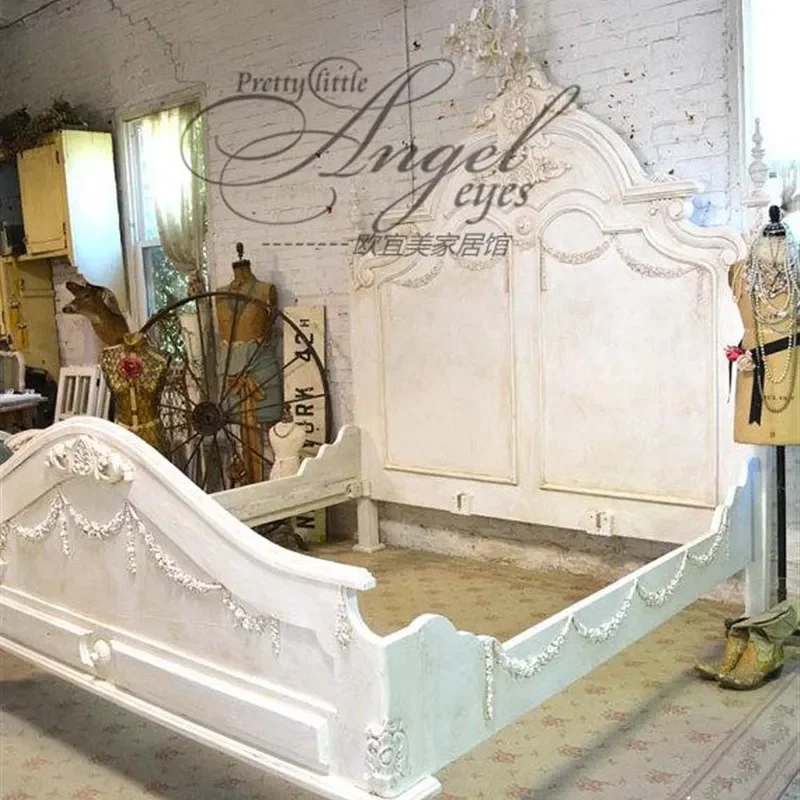 American country retro solid wood carving flower bed French antique old carving 1.8 meters bedroom double bed wedding bed