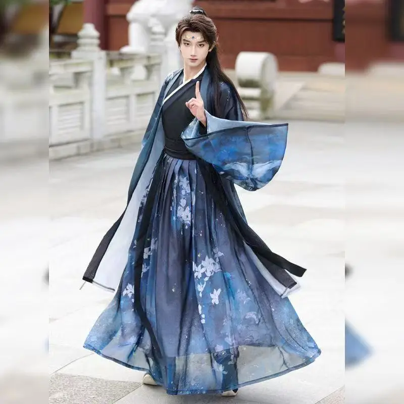 

Classic Floral Hanfu Dress Set Men Women Dark Jade Fairy Printing Weijin Period Cross Costume Stylish Gradient Ancient Clothing