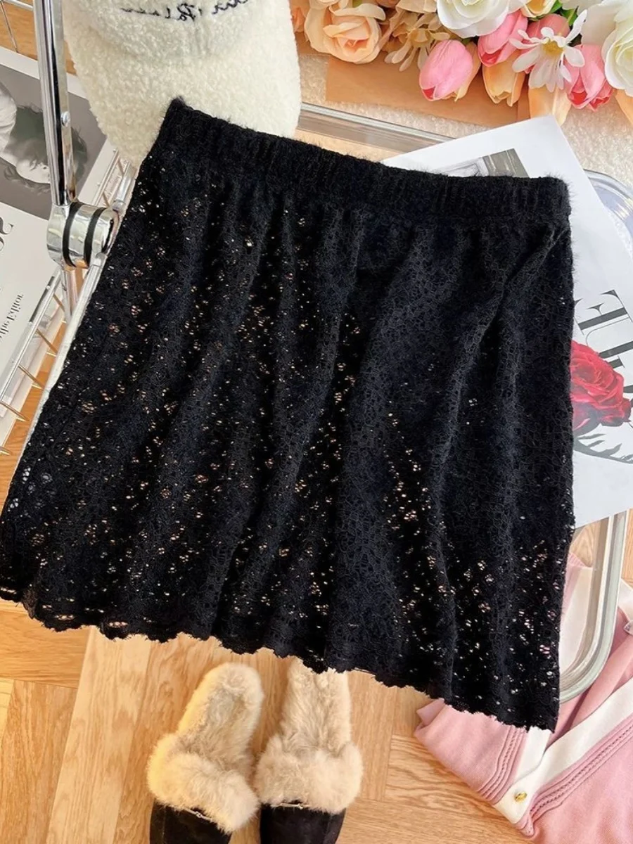 plus Size Lace Hollow out Splice Design Women's Short Skirt High Waist A-Line Korean Style Pure Color Autumn Winter Half Body