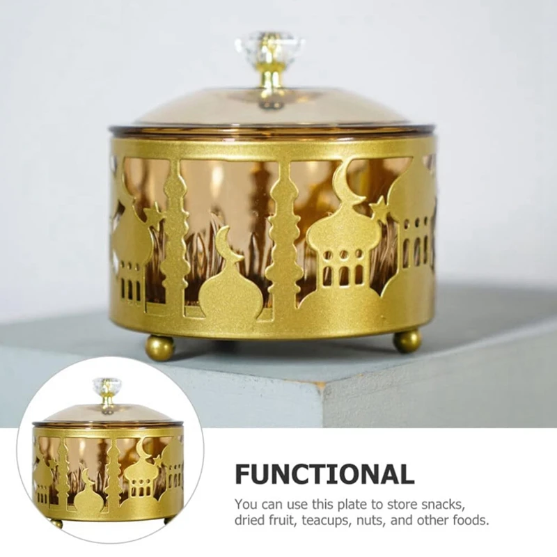 Ramadan Trays With Lid - Metal Gold Eid Mubarak Tray Ramadan Plate Candy Dish Food Storage Container Cookie Trinket Box, Durable