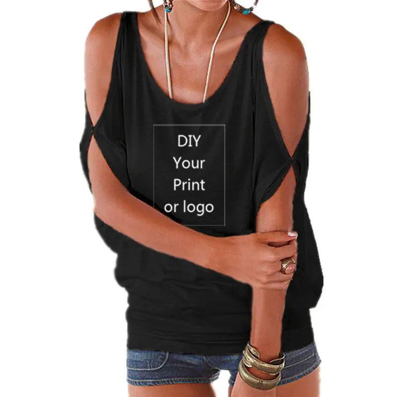 2023 Customized Print T Shirt for Women DIY Your like Photo or Logo Top T-shirt Femme Sexy Off Shoulder Batwing Lace up Tops