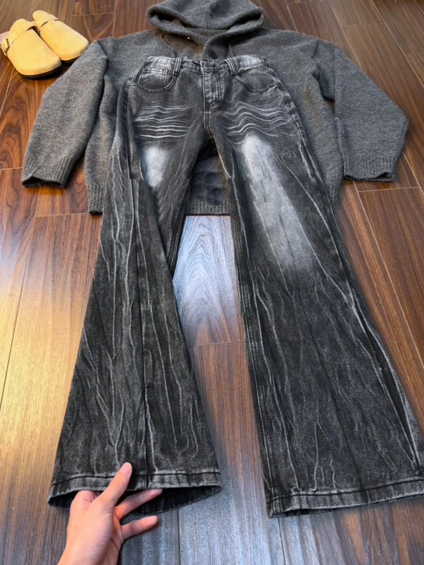 

Bla Lightning Pattern Fce Lined Straight Leg Jeans Men's Winter High Street Cleanfit Pants American Sle Micro Flared T...