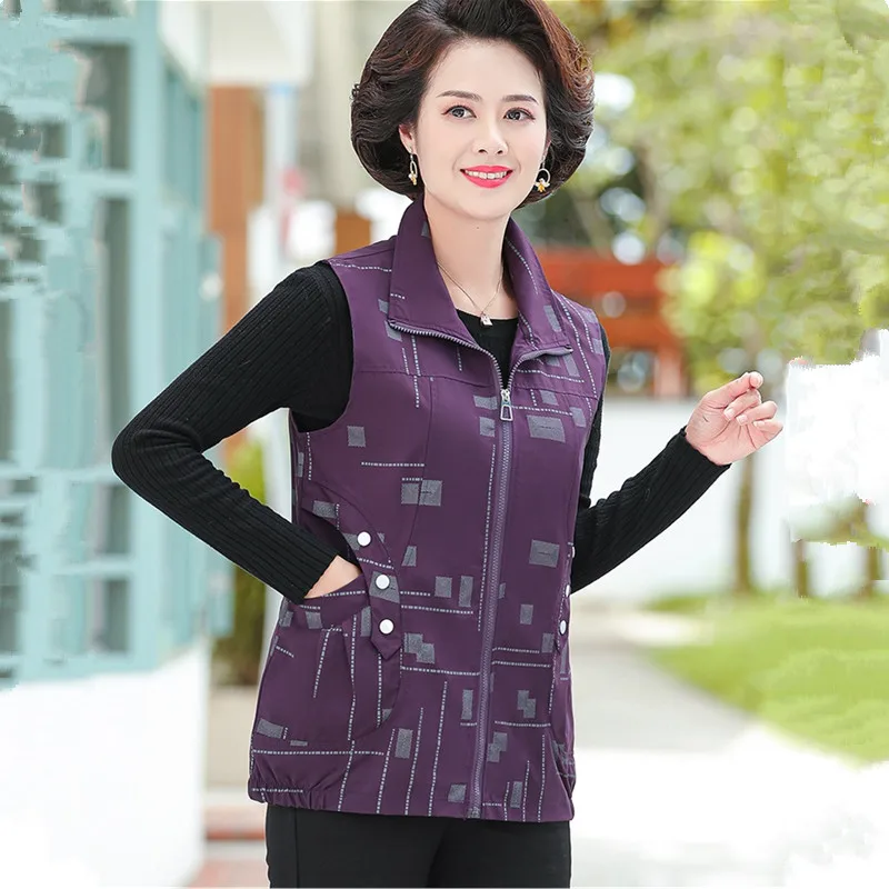 UHYTGF 2022 Spring Autumn Vest Women Jacket Middle-Aged Elderly Female Coat Print Korean Loose Big Size Waistcoat Chaquetas 2072