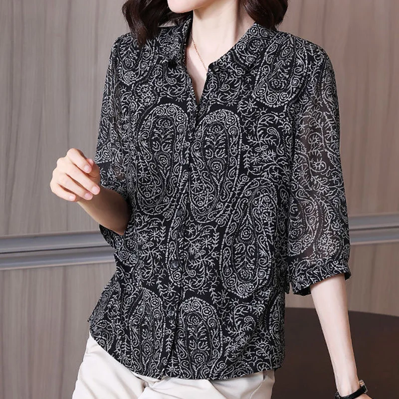 Vintage Casual Fashion Printing Patchwork Button Shirt Summer 2023 New Polo-Neck Three Quarter Sleeve Loose Tops Ladies Clothing