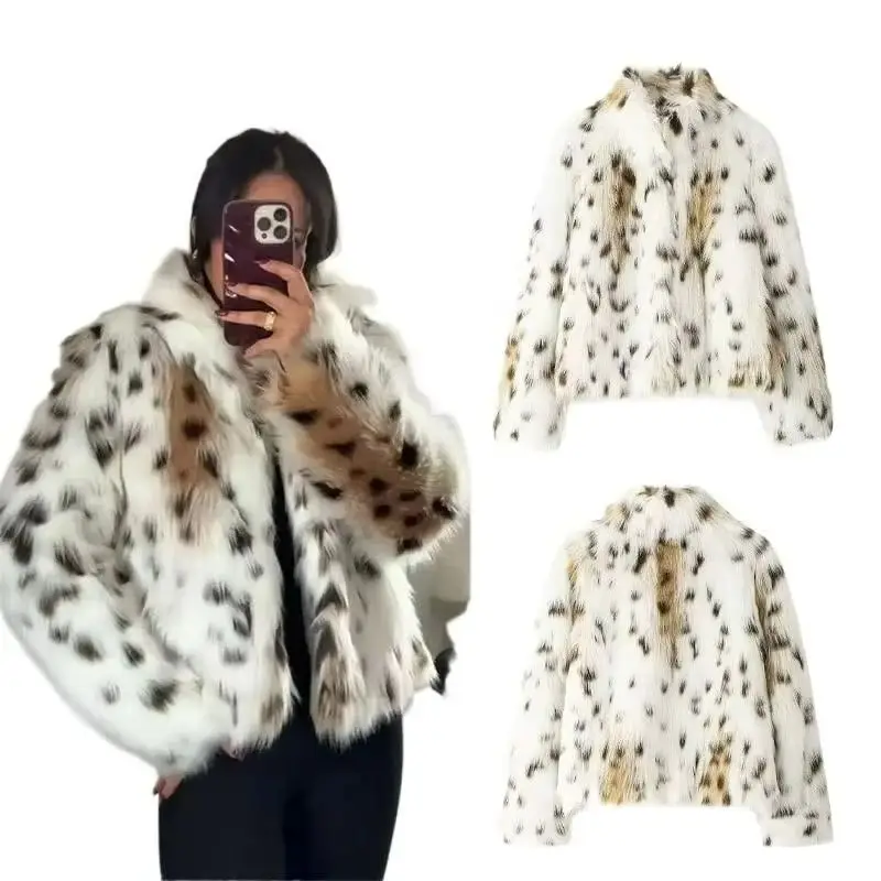 

Europe Beautiful Women's Clothing Fashion Autumn and Winter New Thermal Lapel Animal Pattern Artificial Fur Jacket Fur Top