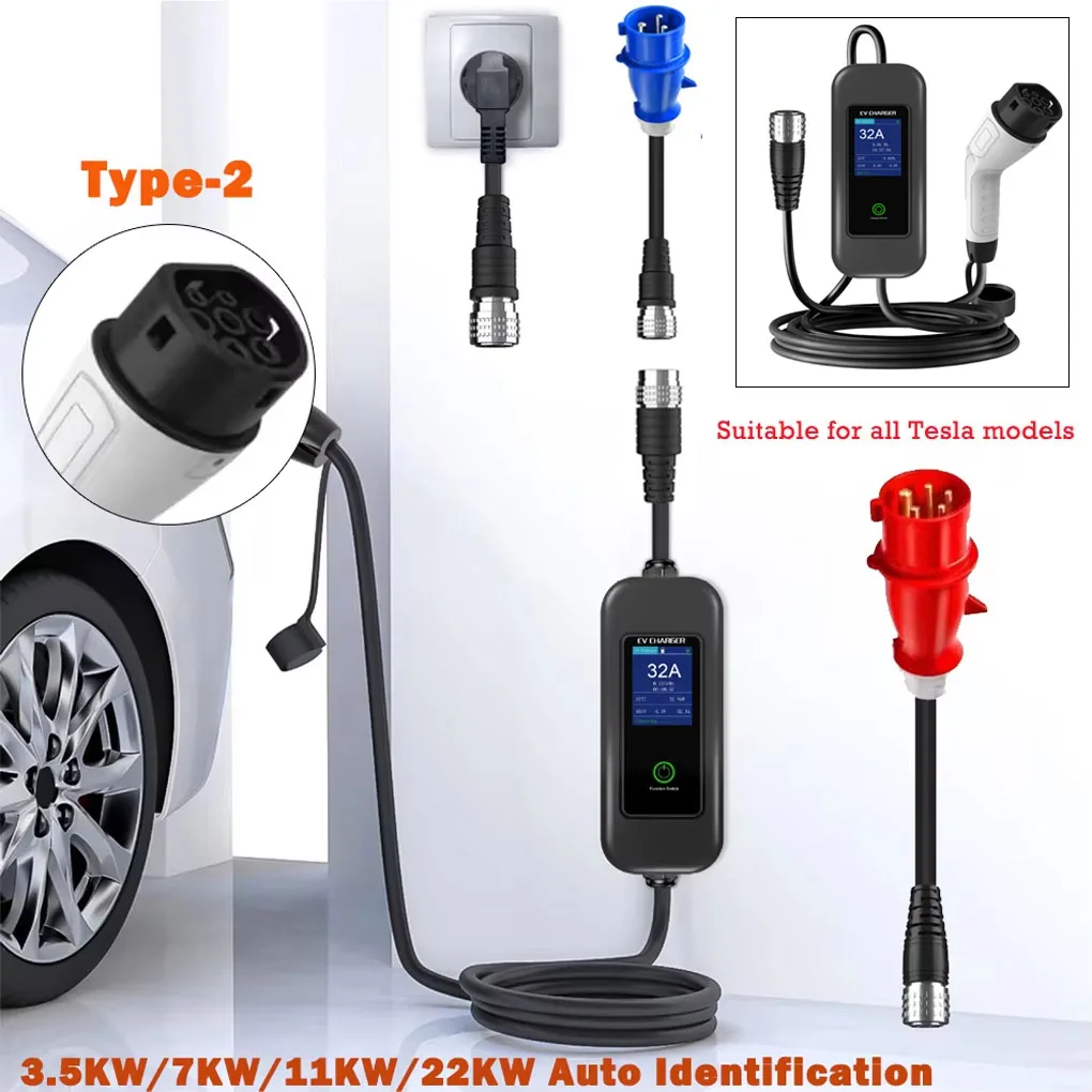 

Electric Vehicle Charger 5M Cable 22KW 32A Auto Adjustable Switch Recognition European Standard Charging with 3 Adapter Cables