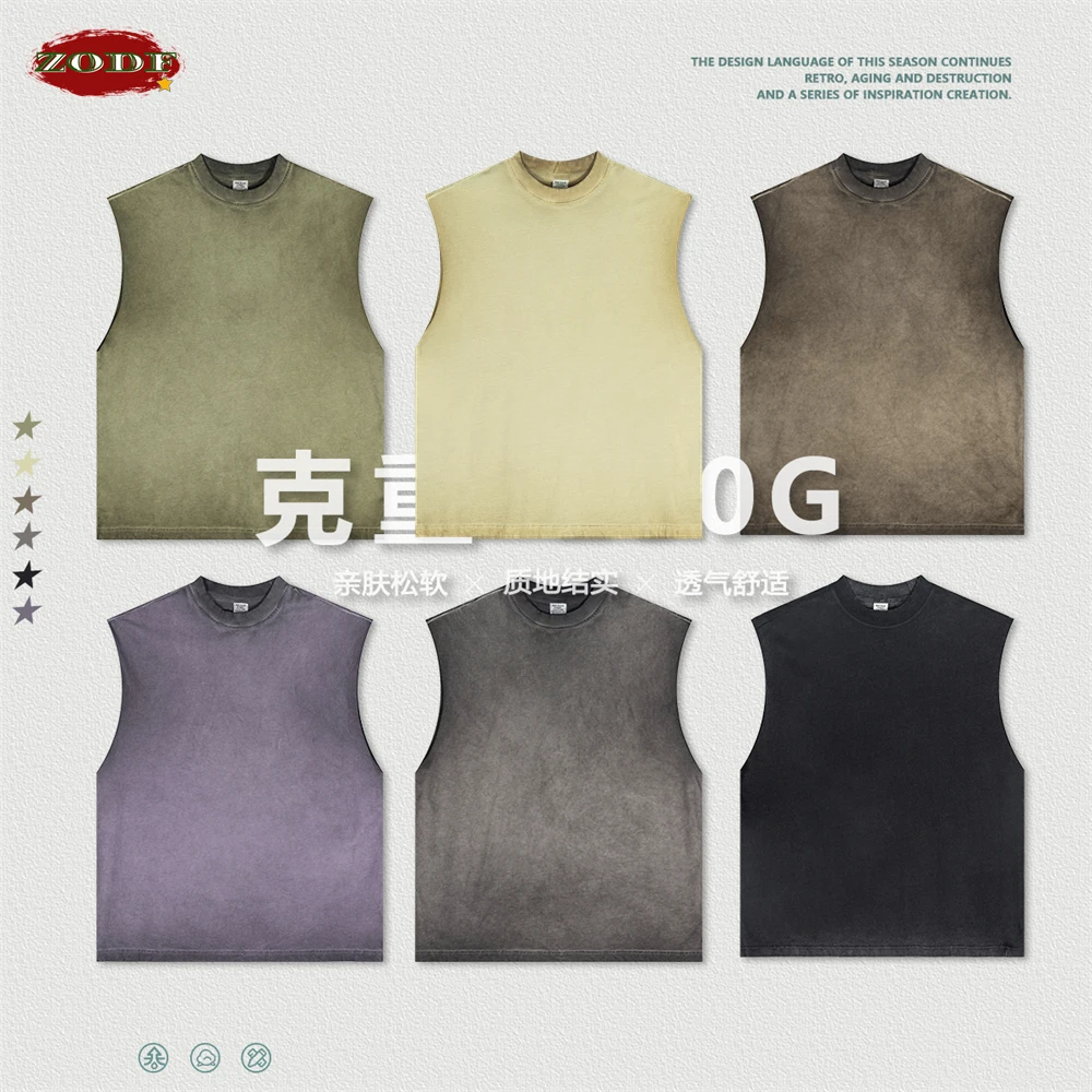 ZODF 2024 Summer Men Washed 250gsm Cotton Tank Tops Retro Unisex Women Relax Fit Sleeveless Tees Vest Brand Tops HY0831