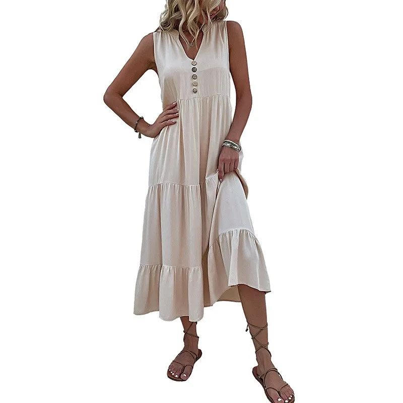 Sleeveless Loose Fit Dress a Line Elegant and Refined with V Neck Pleated Midi Length Strap Shoulder Spliced Women Dress
