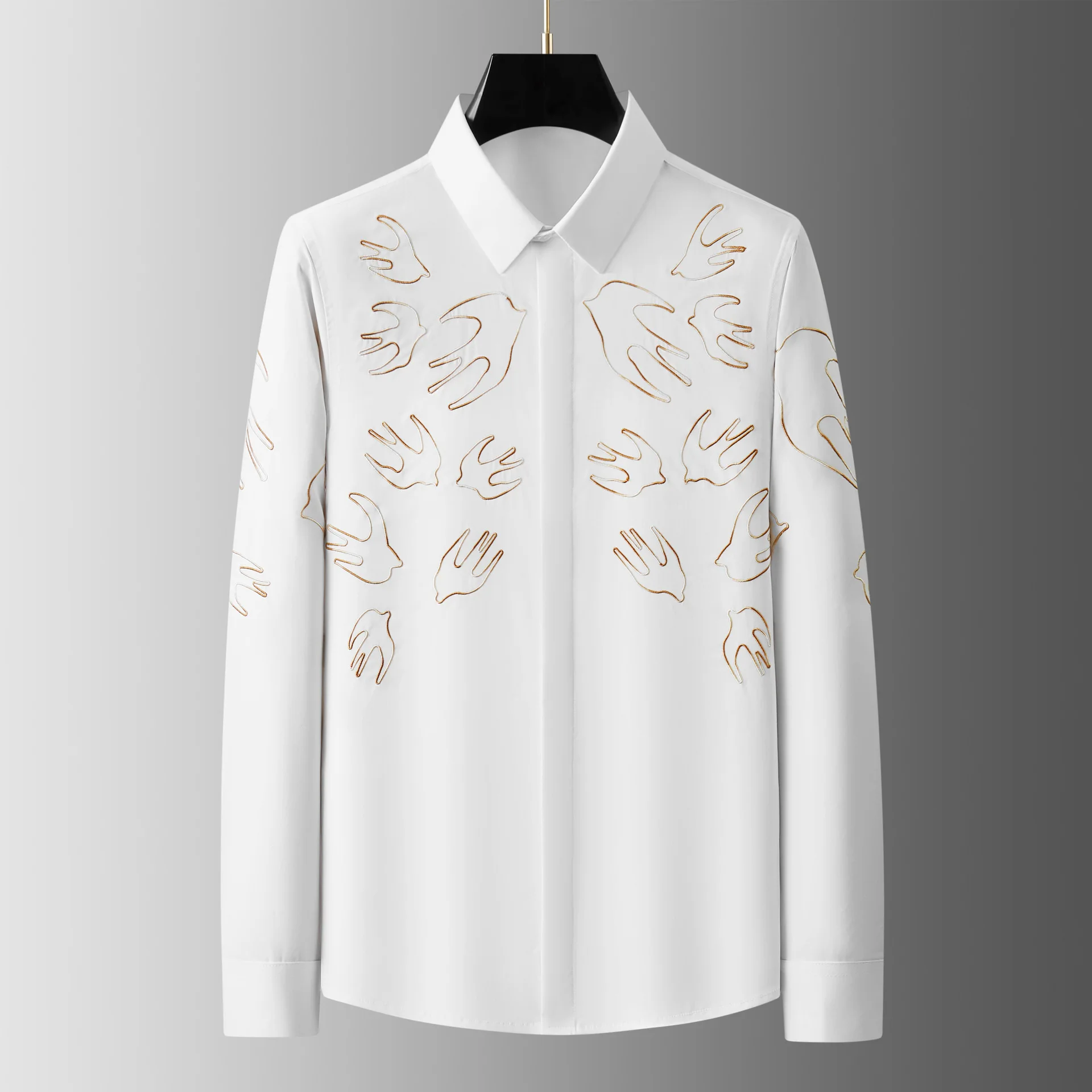 Spring and Autumn New Style Feiyan Embroidery Men's High end Long sleeved Shirt One piece Hair Replacement