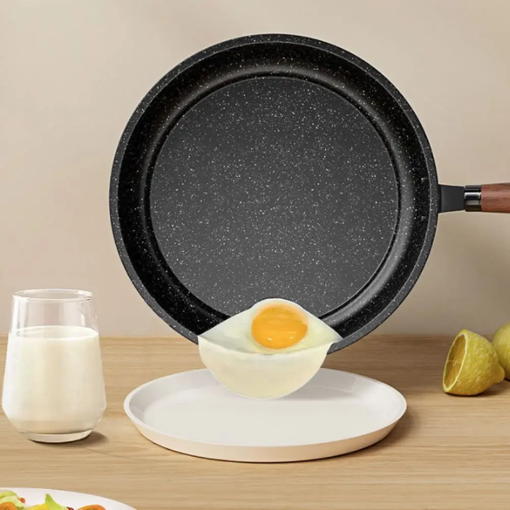 

Household Non Stick Frying Pan Wood Handle with Lid Saucepan Flat Bottomed Iron Stir Fry Pan Induction Cooker